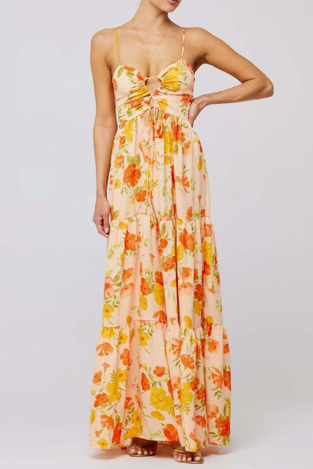 Floral Print Tie Front Tiered Maxi Dress - Velora Luxury Fashion