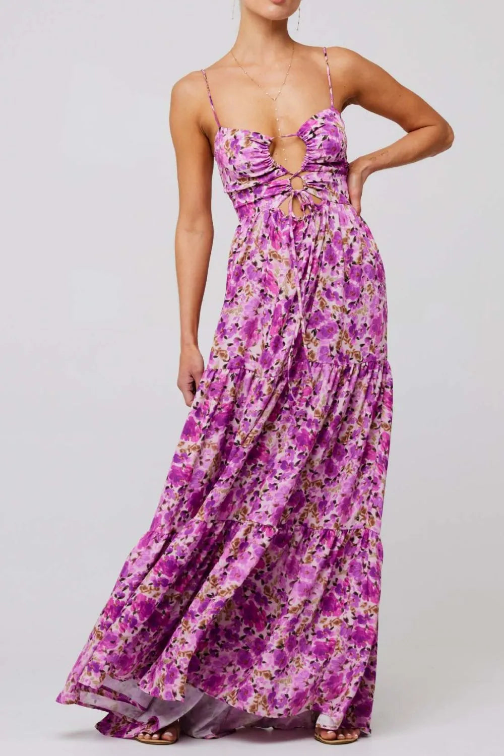 Floral Print Tie Front Tiered Maxi Dress - Velora Luxury Fashion