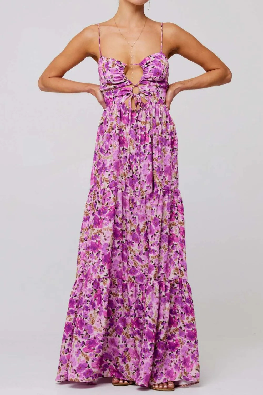 Floral Print Tie Front Tiered Maxi Dress - Velora Luxury Fashion