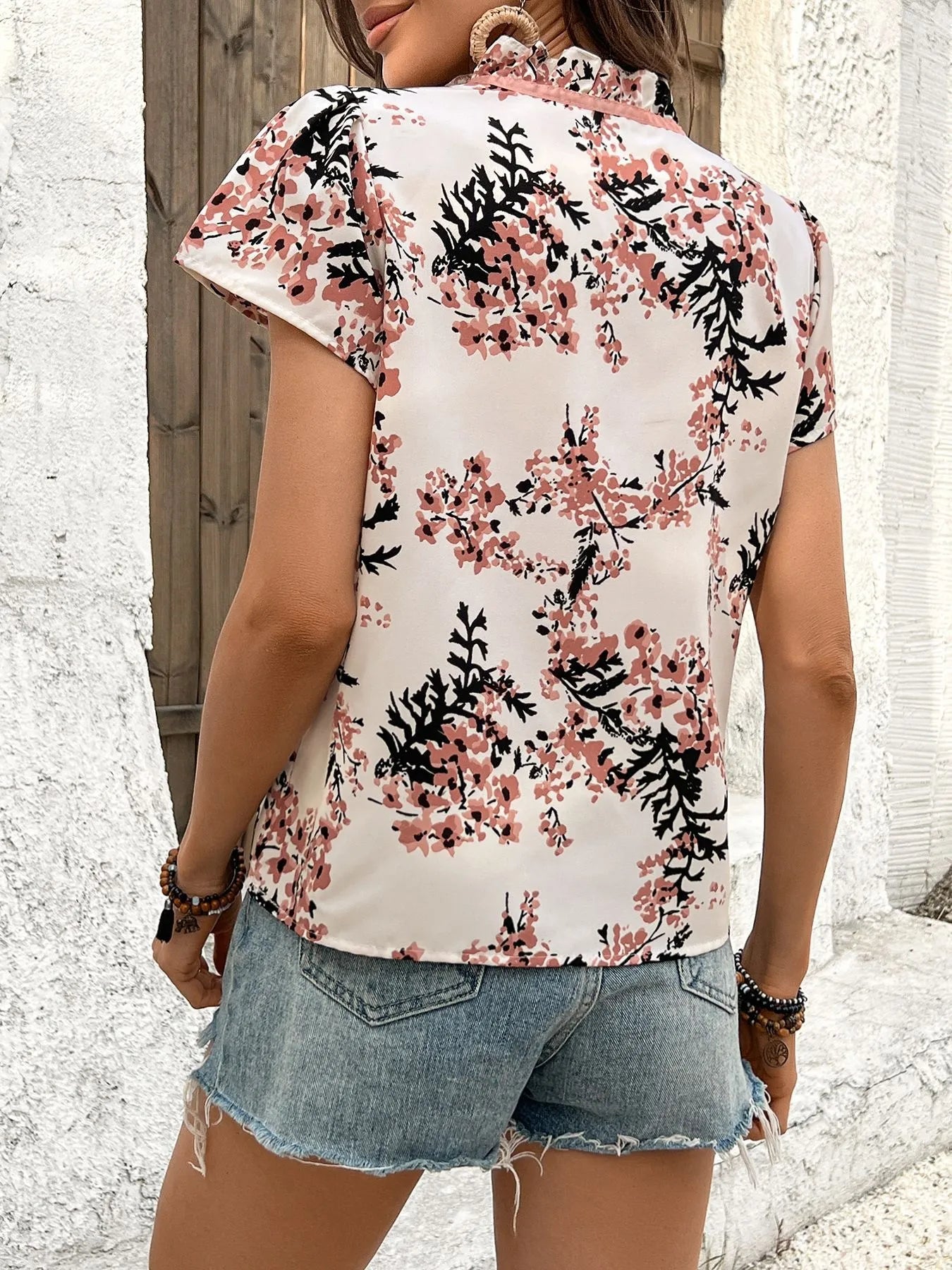 Floral Print Tie Neck Short Sleeve Blouse - Velora Luxury Fashion