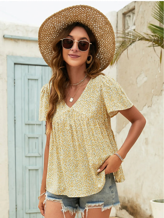 Floral Print V-neck Flutter Sleeve Babydoll Blouse - Velora Luxury Fashion