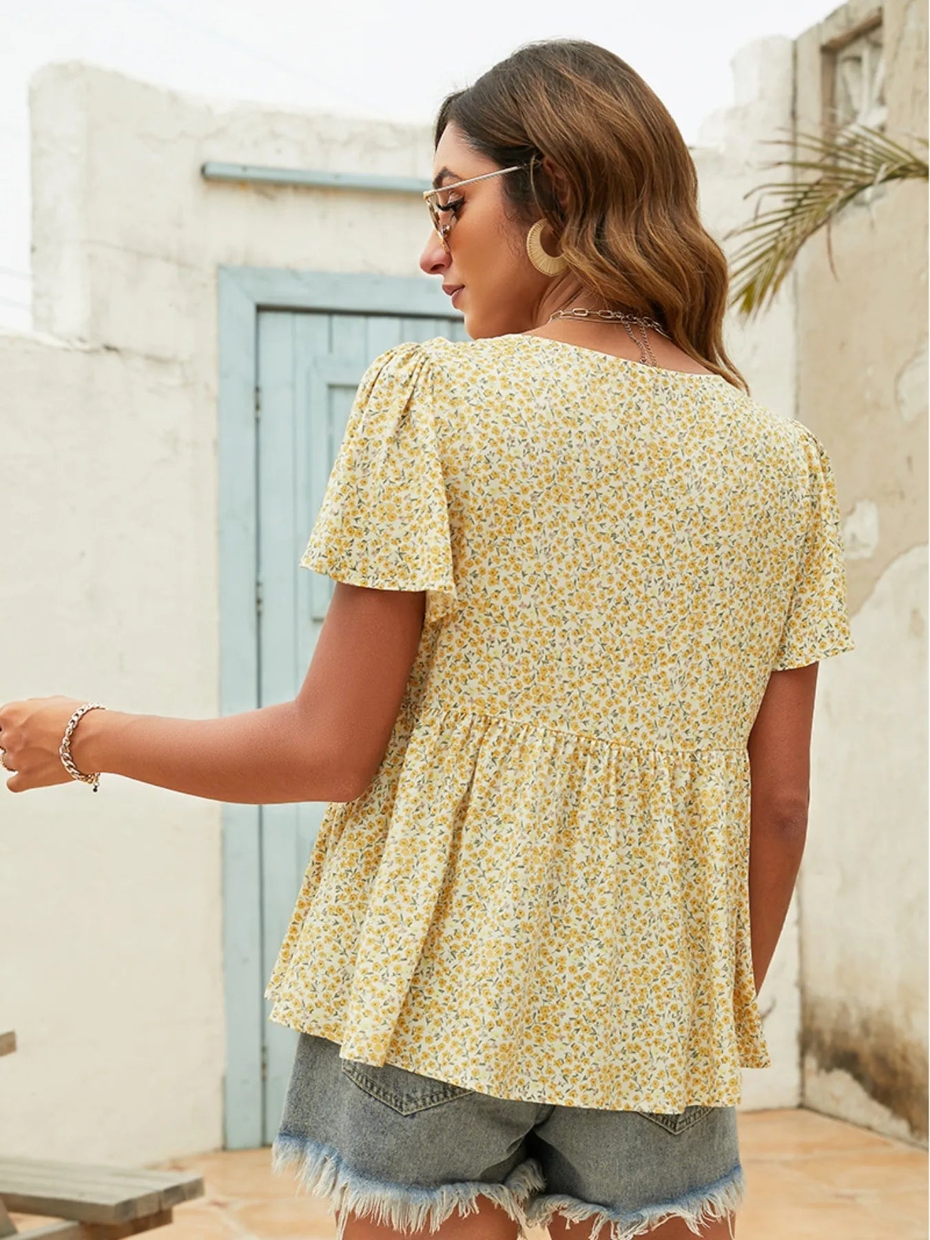 Floral Print V-neck Flutter Sleeve Babydoll Blouse - Velora Luxury Fashion