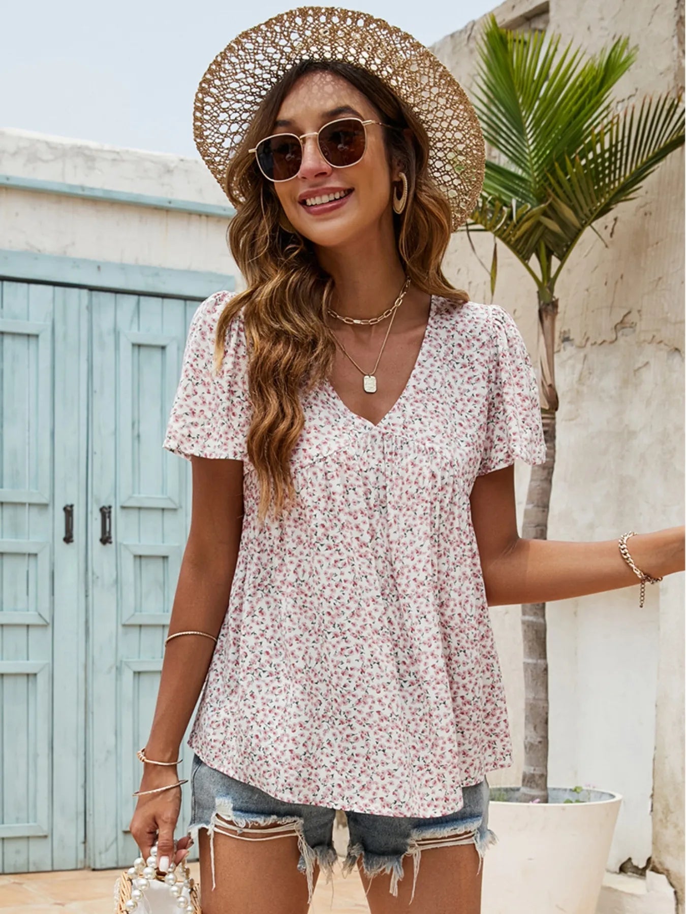 Floral Print V-neck Flutter Sleeve Babydoll Blouse - Velora Luxury Fashion