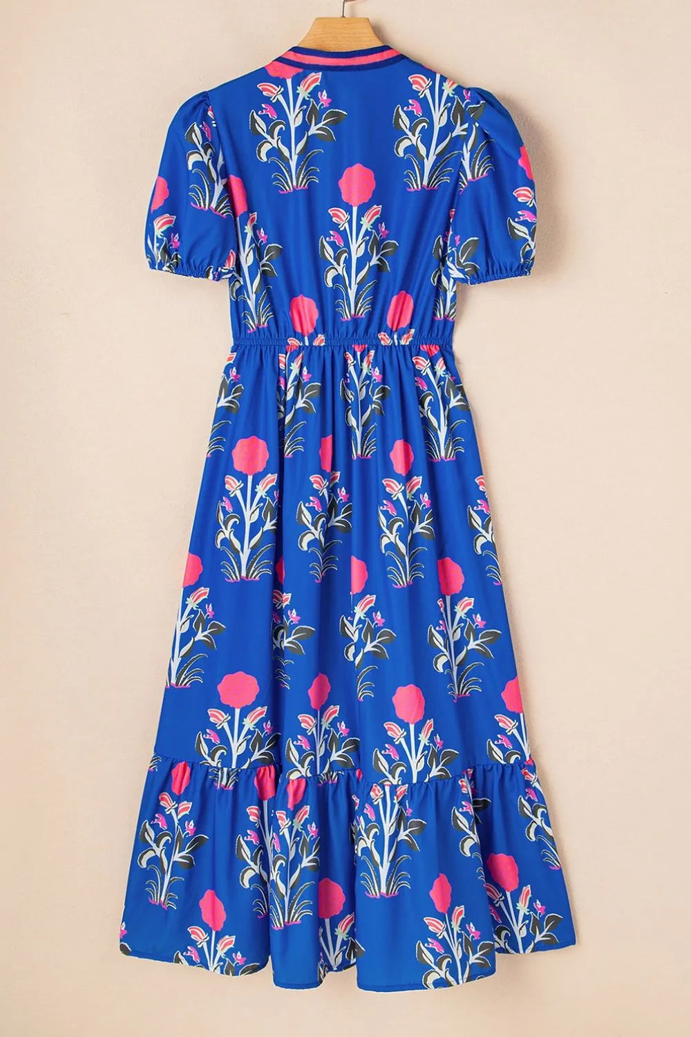 Floral Puff Short Sleeve Notched High Waist Dress - Velora