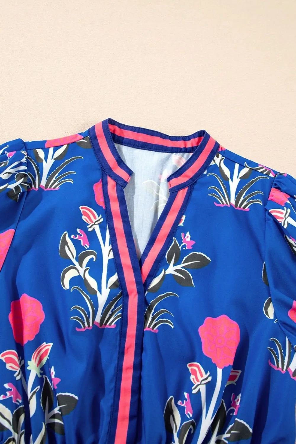 Floral Puff Short Sleeve Notched High Waist Dress - Velora