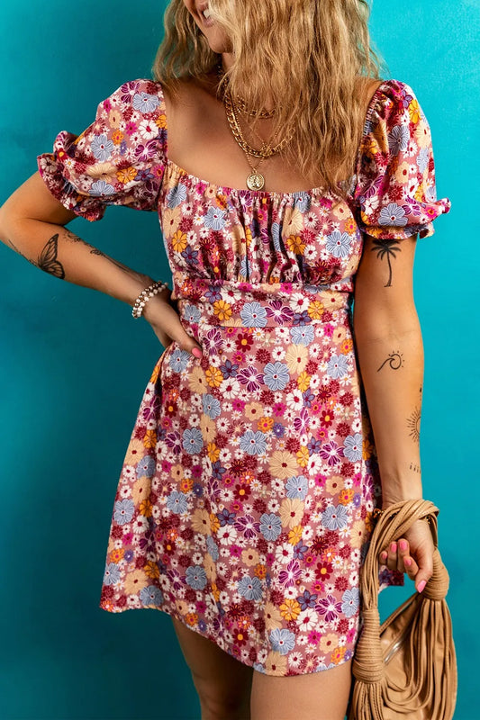 Floral Puff Sleeve Square Neck Knot Open Back Mini Dress - Velora Luxury Fashion