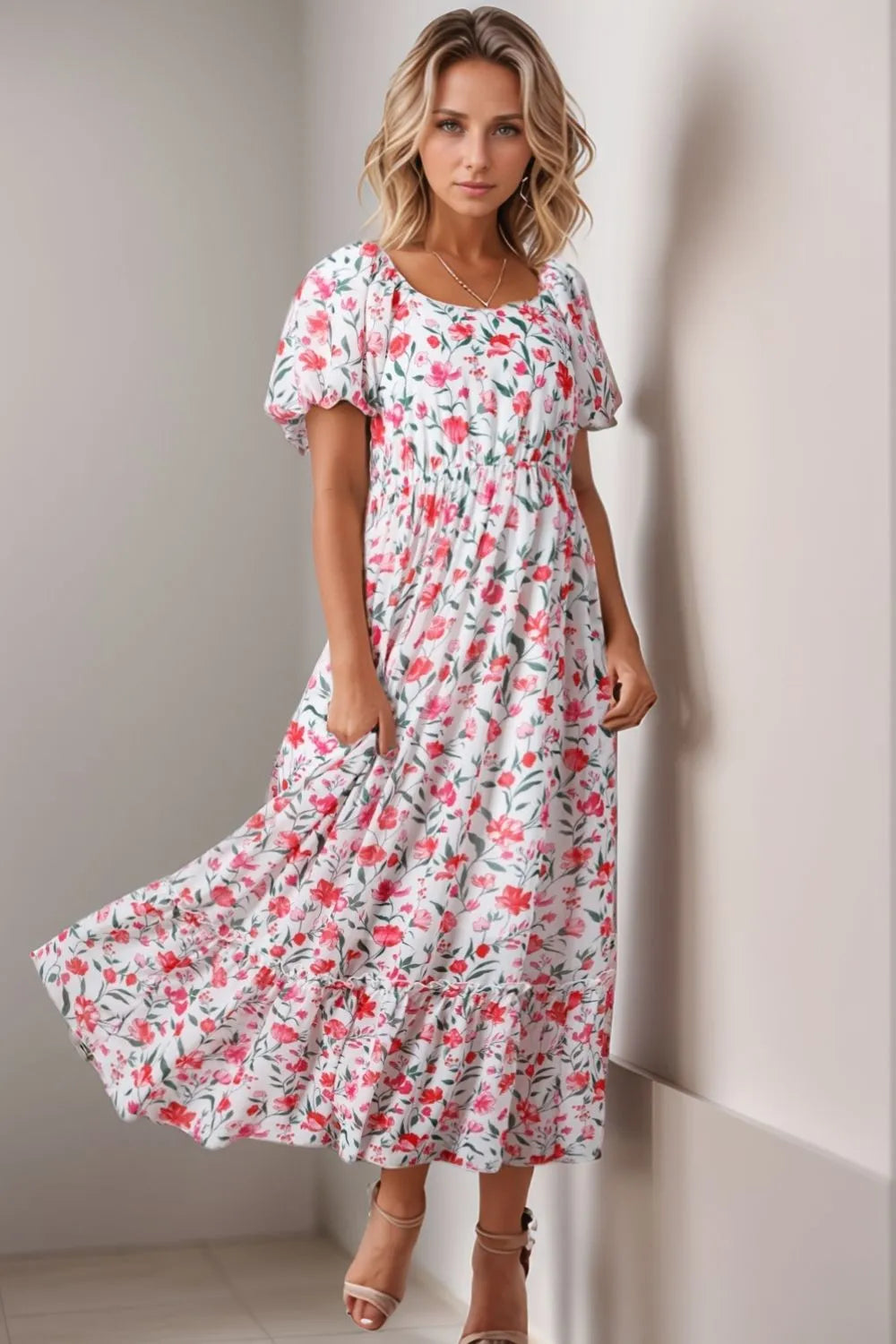 Floral Short Puff Sleeve Tiered Dress - Velora Luxury Fashion