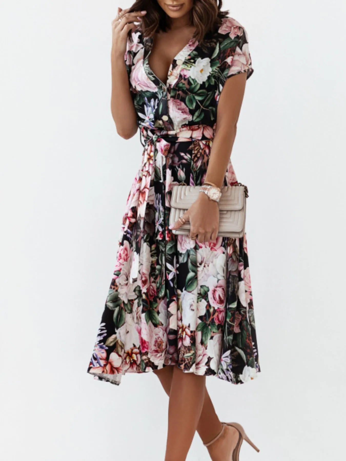 Floral Short Sleeve Midi Dress - Velora Luxury Fashion