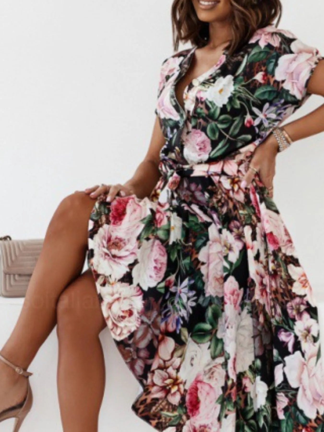 Floral Short Sleeve Midi Dress - Velora Luxury Fashion