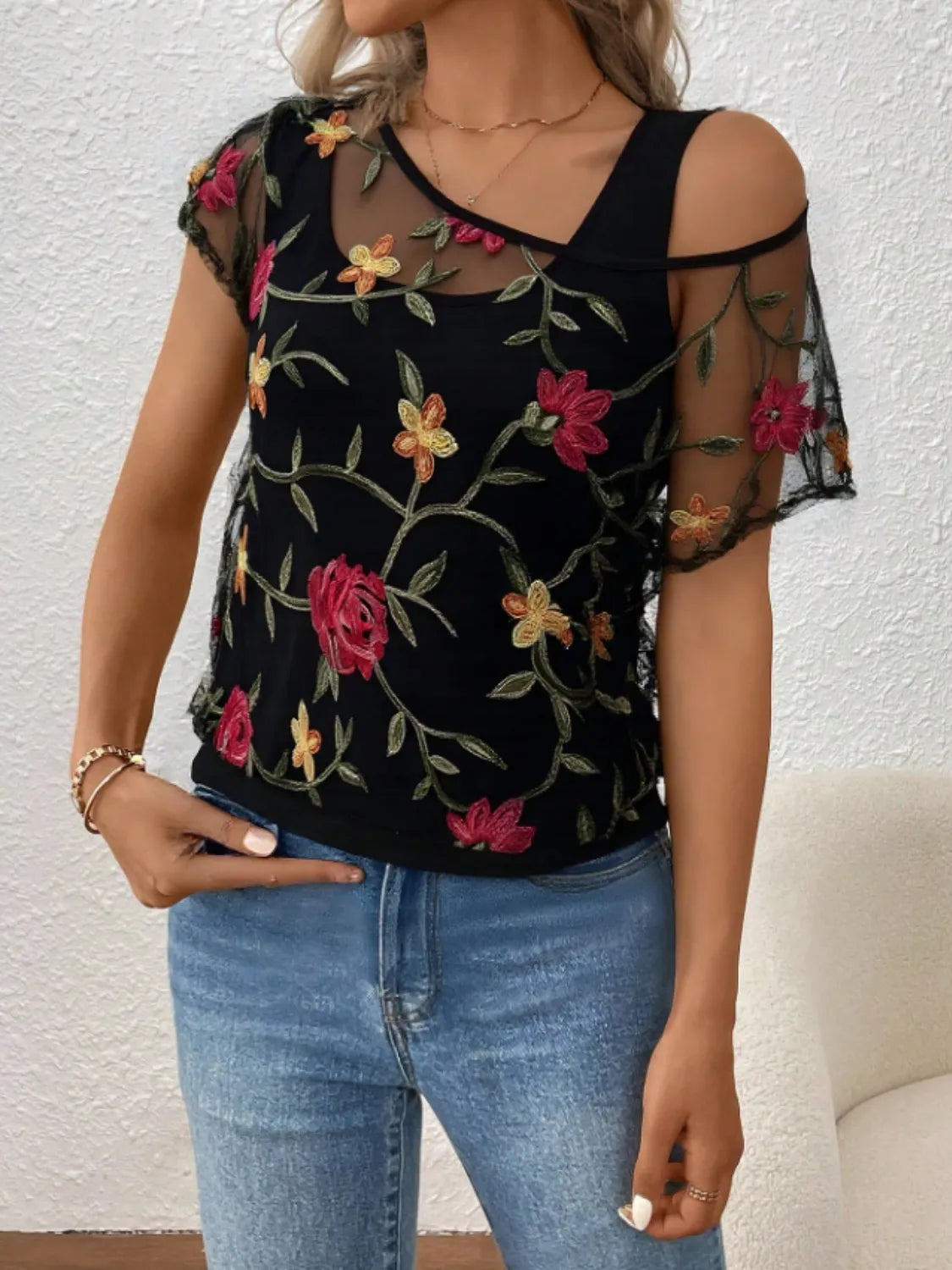 Floral Short Sleeve Sheer Top - Velora Luxury Fashion