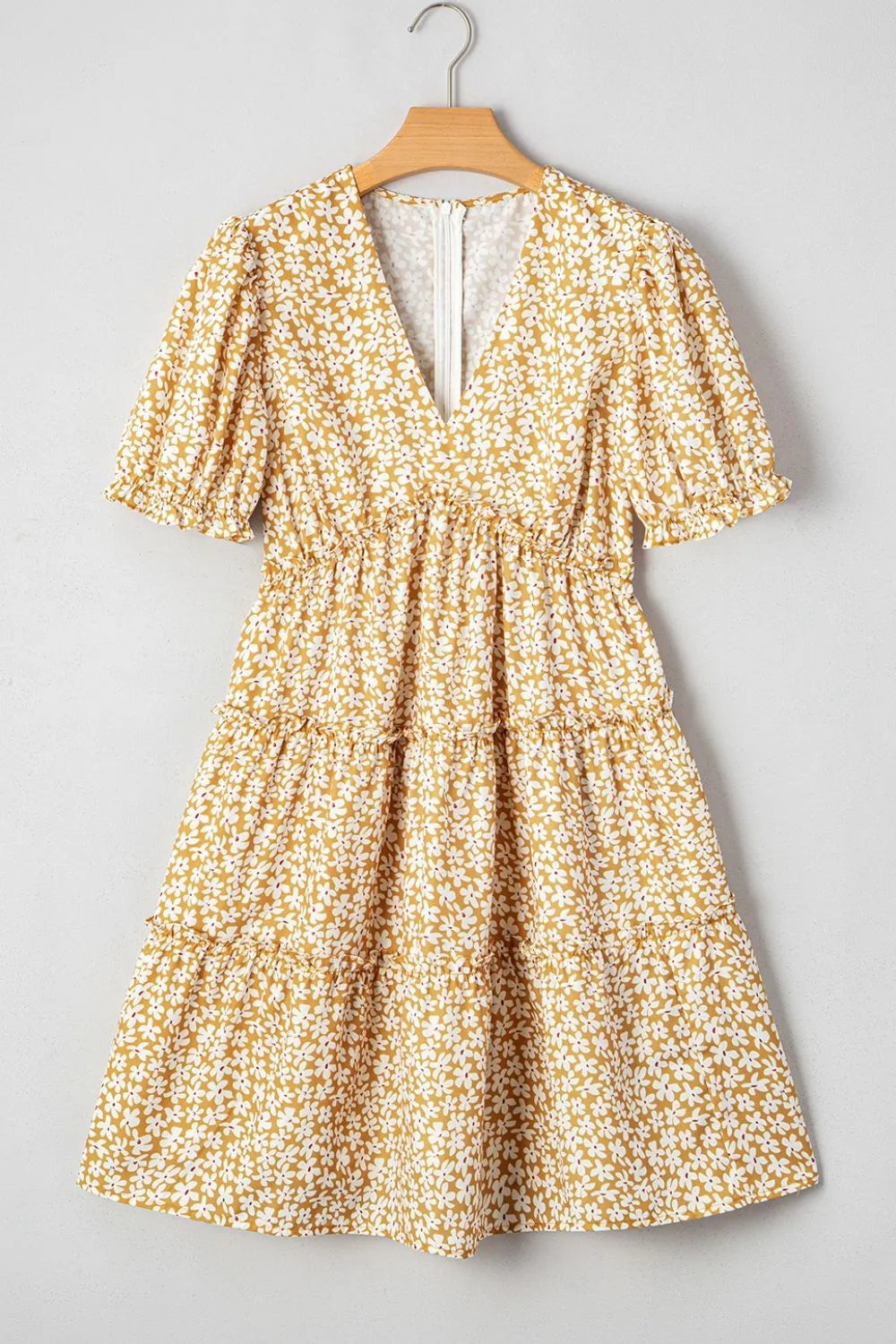 Floral Short Sleeve Surplice Frilly Tiered Mini Dress - Velora Luxury Fashion