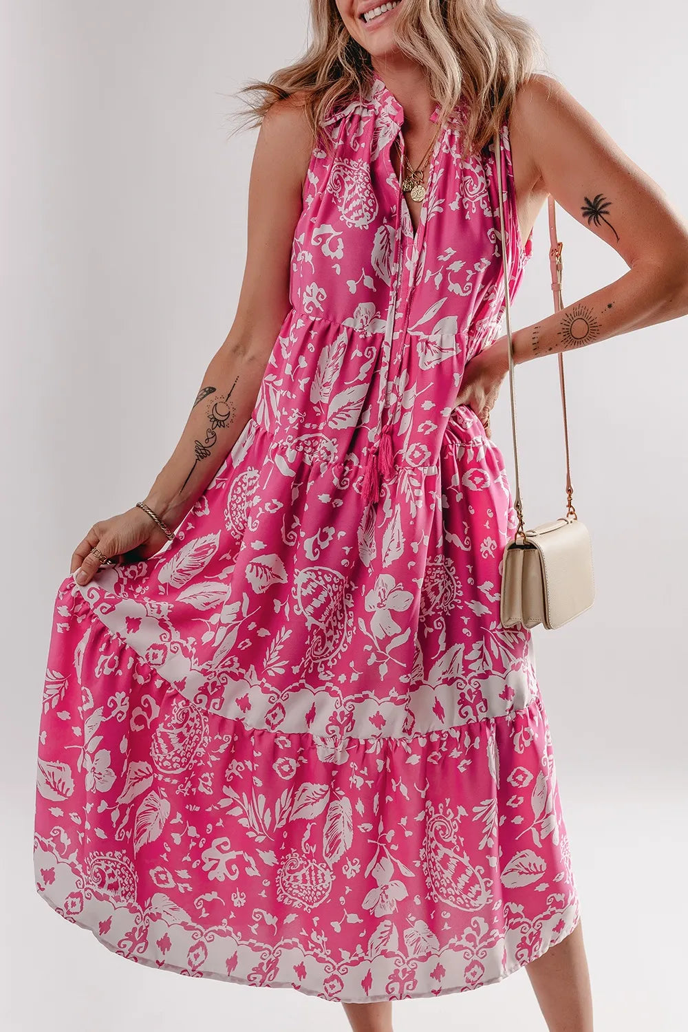Floral Sleeveless Tasseled Tie Neck Tiered Midi Dress - Velora Luxury Fashion