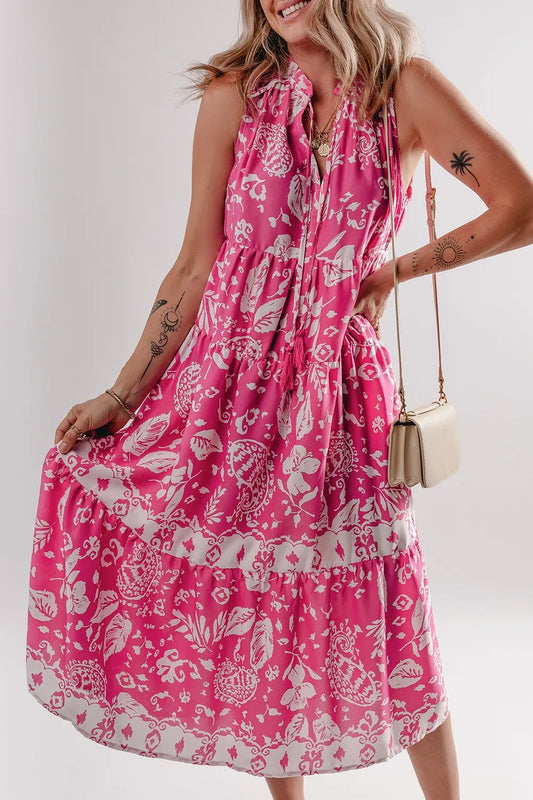 Floral Sleeveless Tasseled Tie Neck Tiered Midi Dress - Velora Luxury Fashion