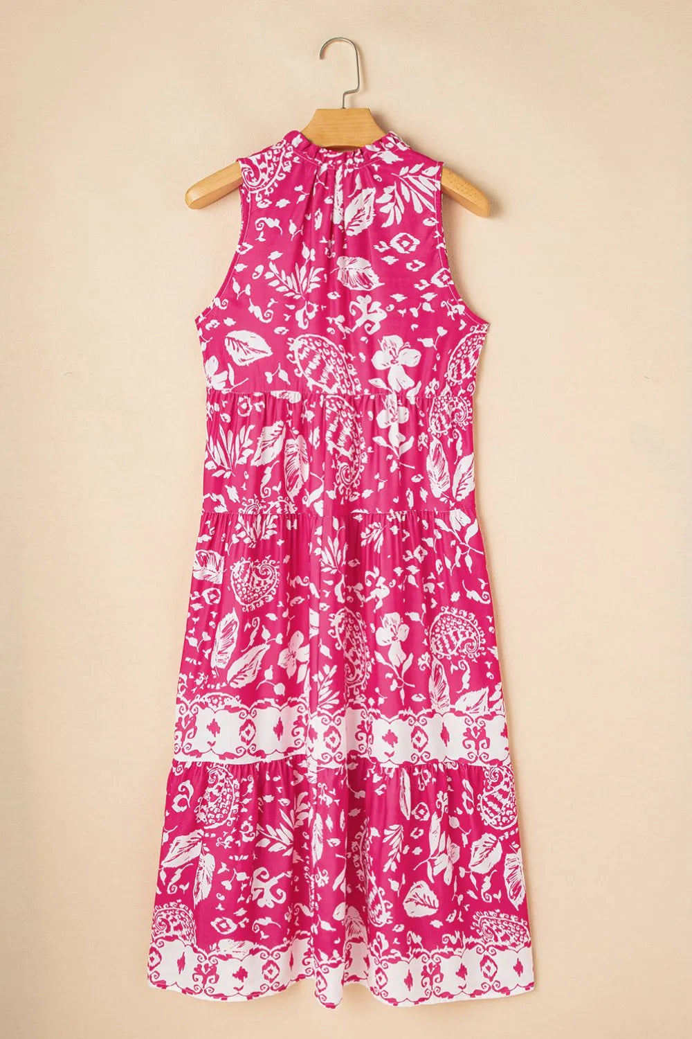 Floral Sleeveless Tasseled Tie Neck Tiered Midi Dress - Velora Luxury Fashion