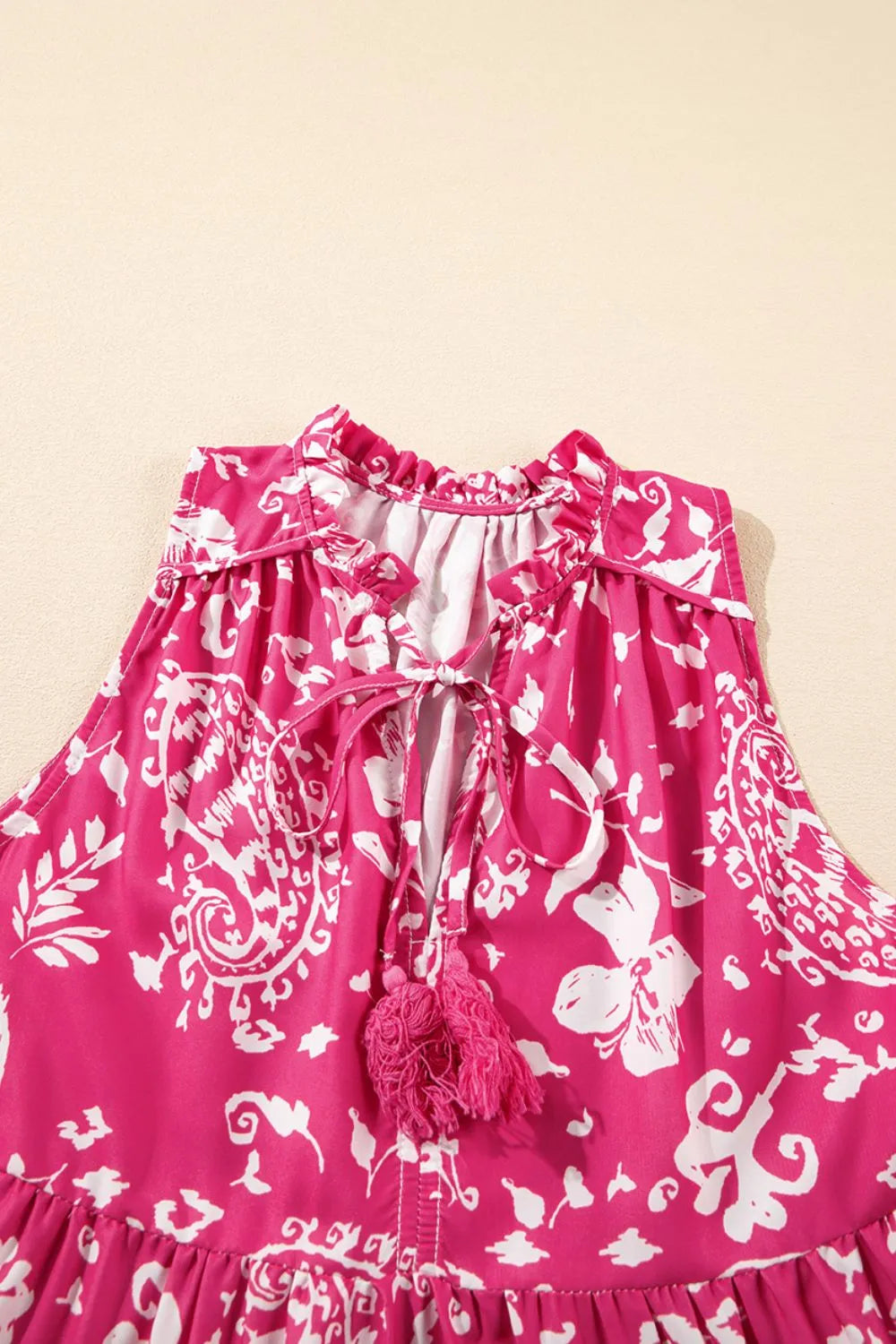 Floral Sleeveless Tasseled Tie Neck Tiered Midi Dress - Velora Luxury Fashion