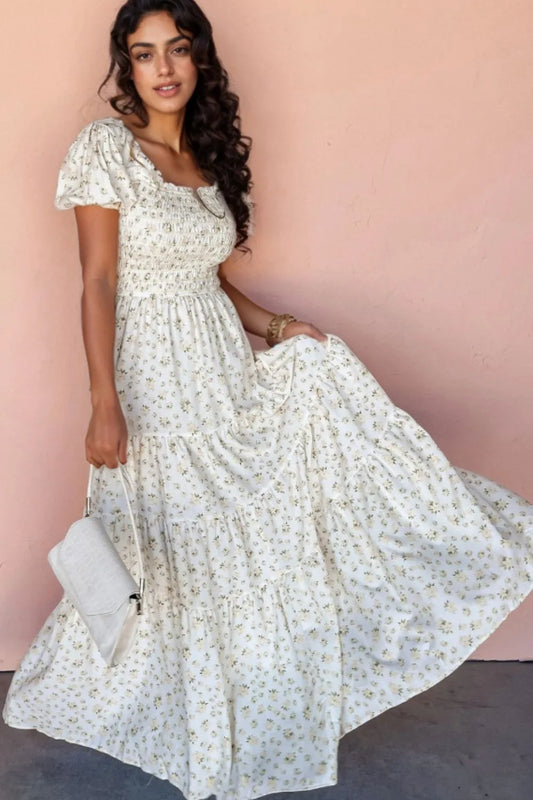 Floral Smocked Short Puff Sleeve Maxi Dress - Velora Luxury Fashion