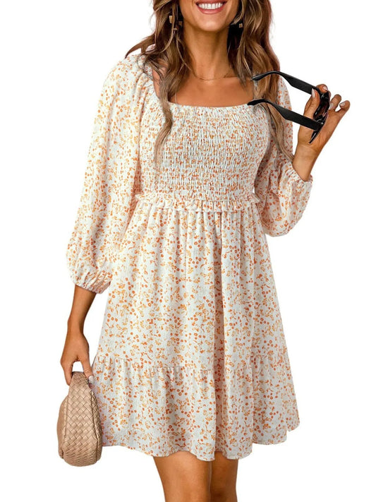 Floral Smocked Square Neck Mini Dress - Velora Luxury Fashion