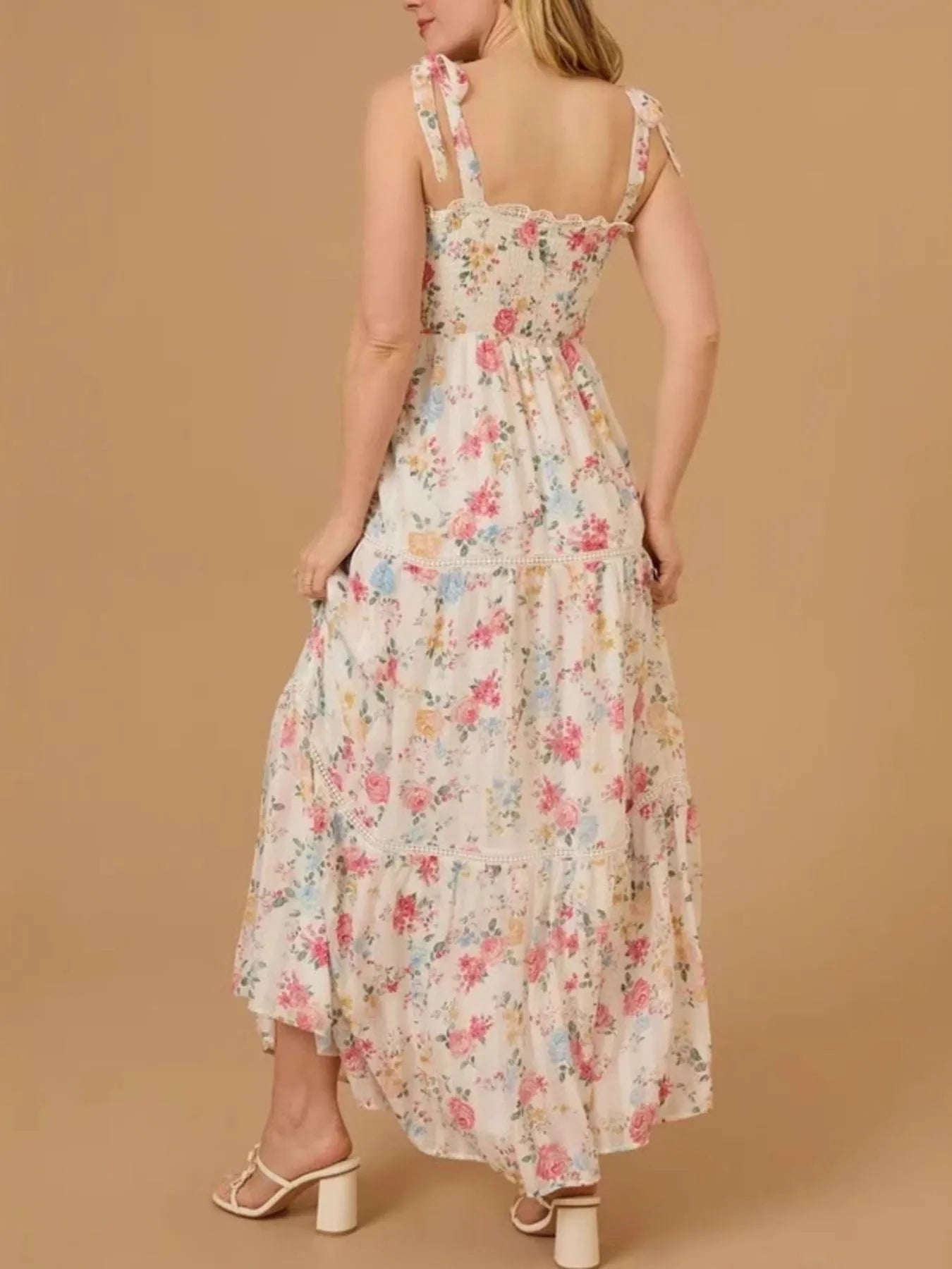Floral Smocked Tiered Maxi Dress with Tie Straps - Velora Luxury Fashion