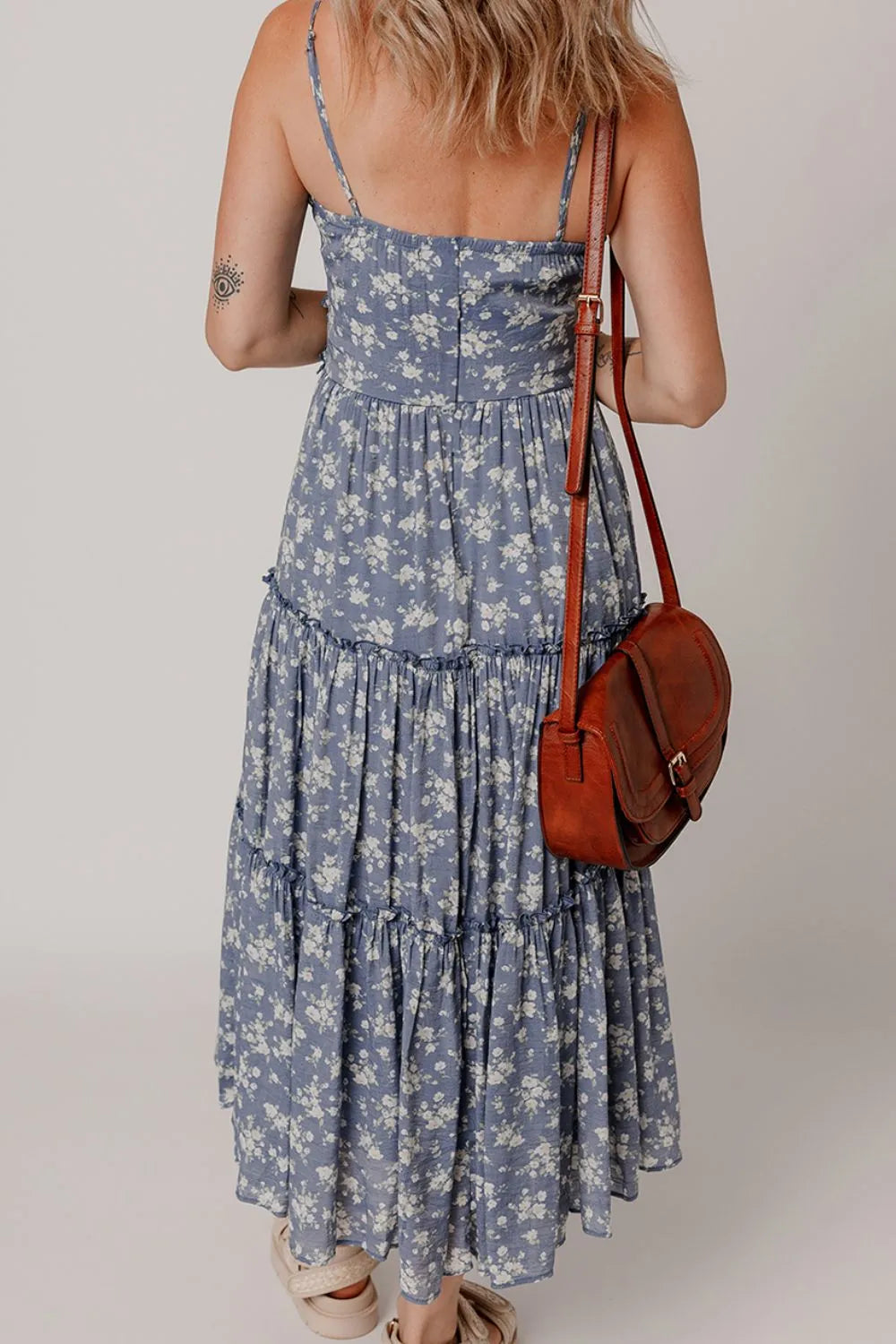 Floral Spaghetti Strap Frilled V Neck Tiered Midi Dress - Velora Luxury Fashion
