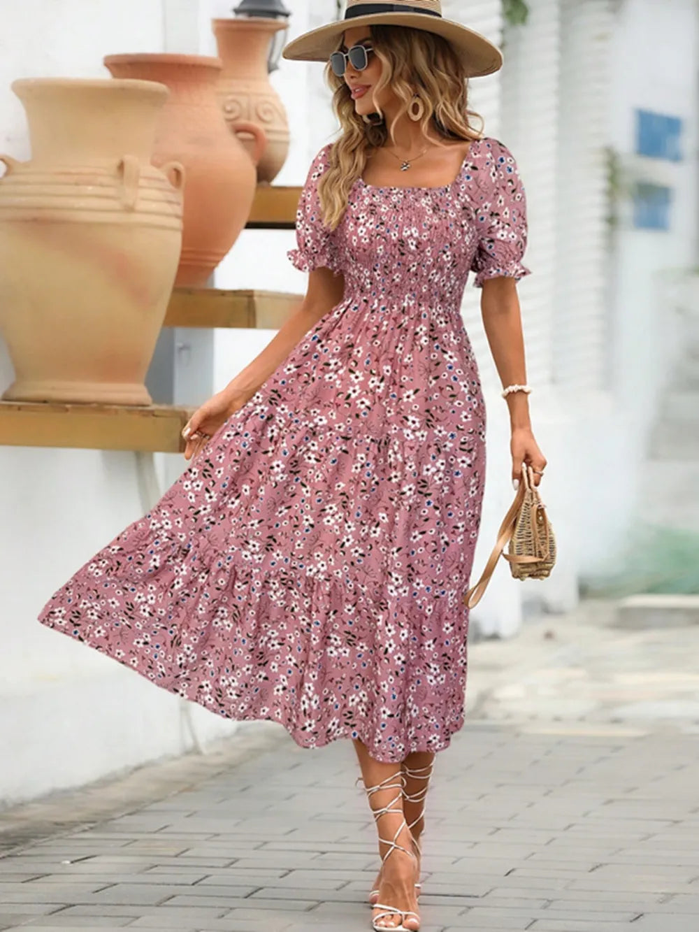Floral Square Neck Short Sleeve Tiered Dress - Velora Luxury Fashion