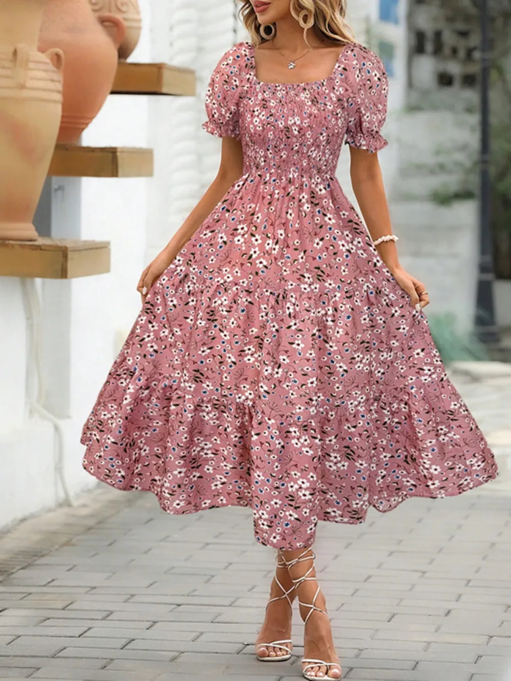Floral Square Neck Short Sleeve Tiered Dress - Velora Luxury Fashion