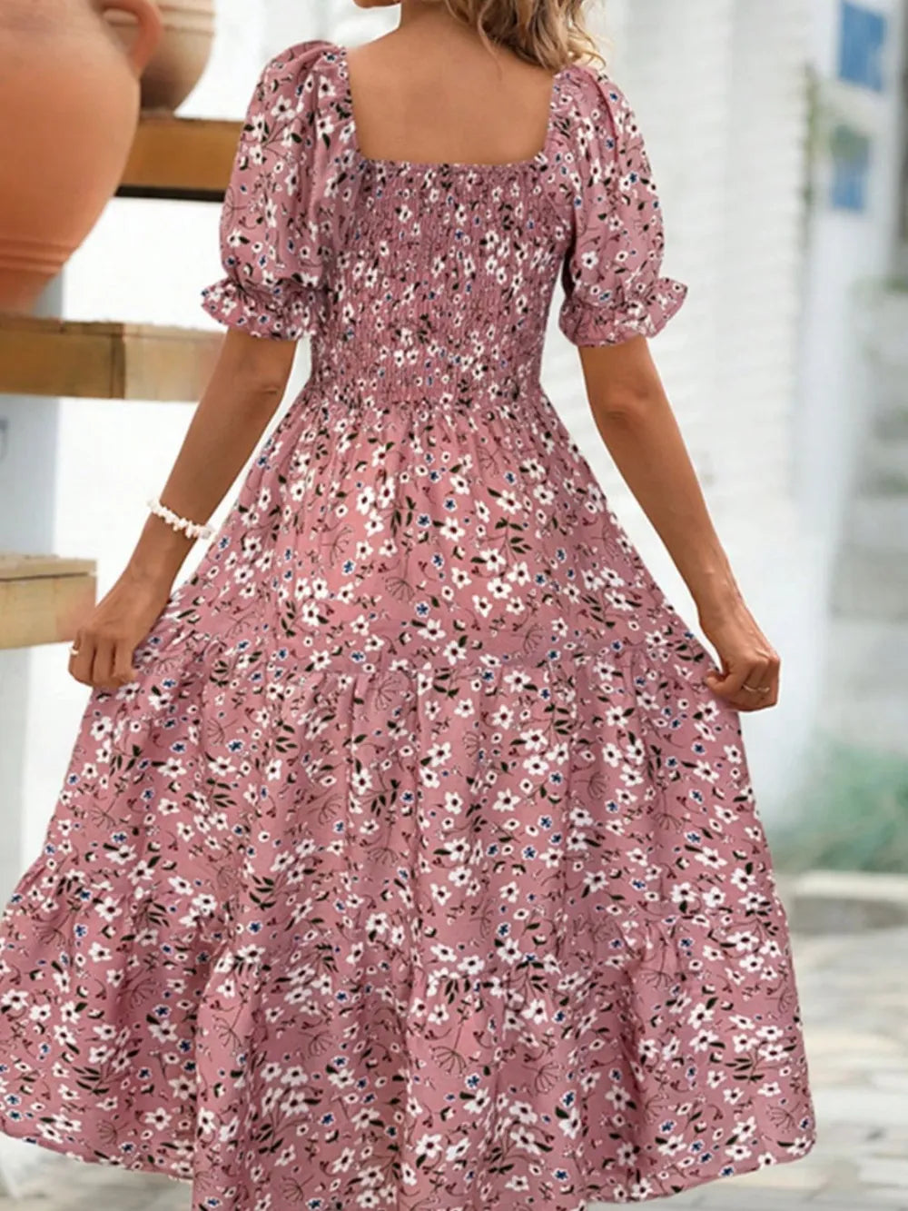 Floral Square Neck Short Sleeve Tiered Dress - Velora Luxury Fashion
