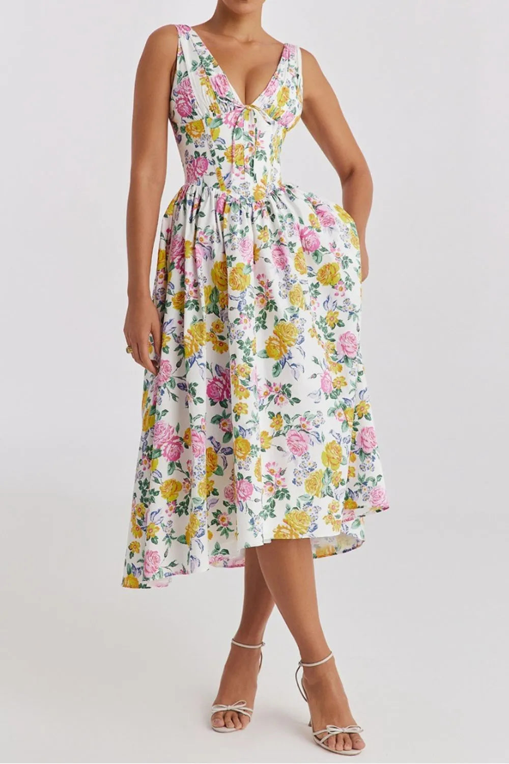 Floral V-Neck Sleeveless Midi Dress with Pockets - Velora Luxury Fashion