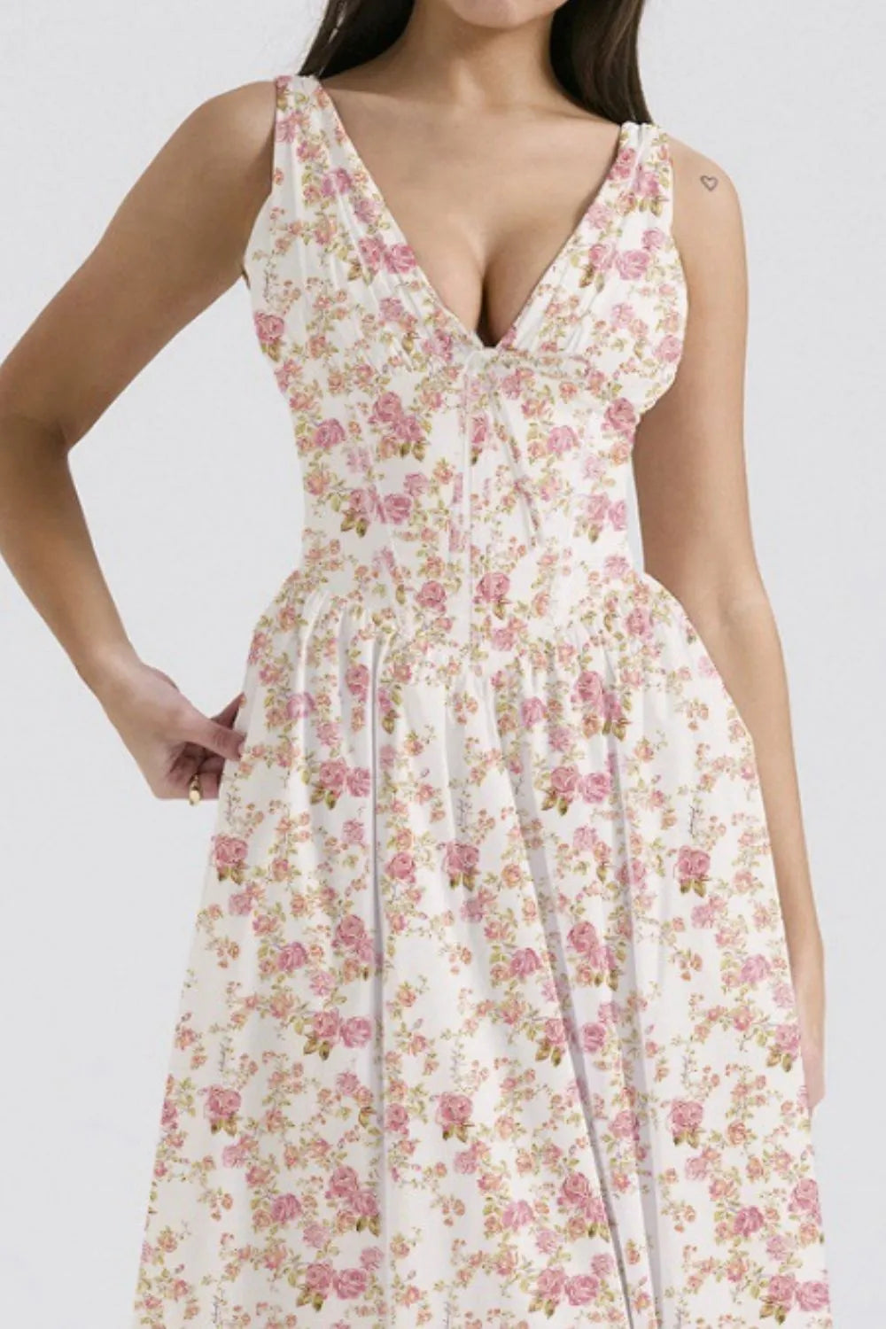 Floral V-Neck Sleeveless Midi Dress with Pockets - Velora Luxury Fashion