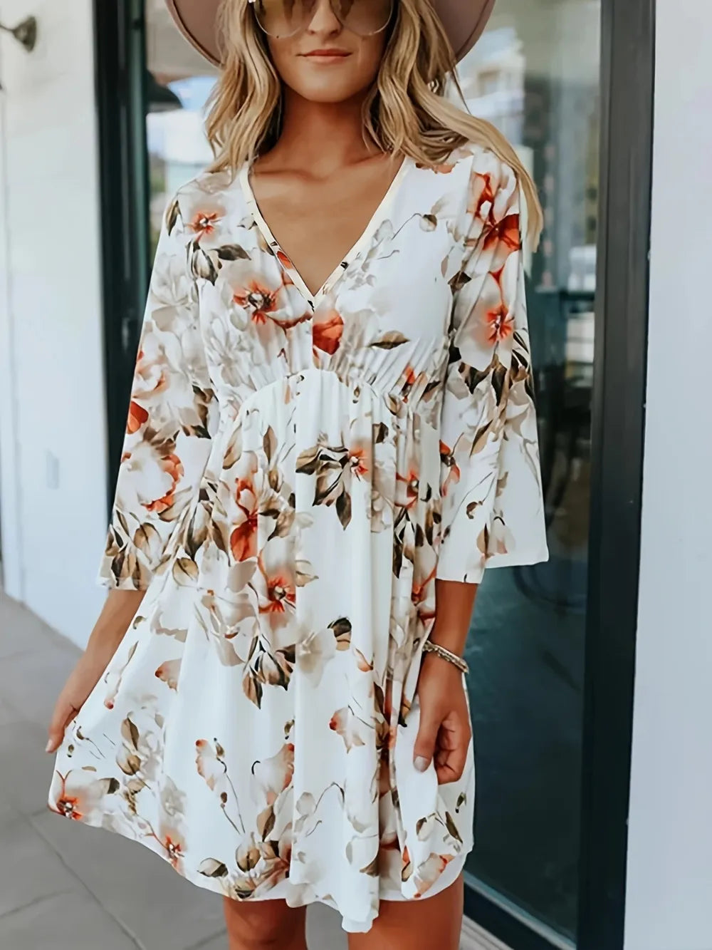 Floral V-Neck Three-Quarter Sleeve Mini Dress - Velora Luxury Fashion