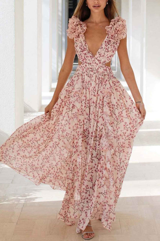 Women’s Deep V-Neck Ruffled Sleeve Cut-Out Waist High Slit Skirt Maxi Dress - Velora