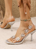 Flower Embellished Clear Strap High Heel Sandals - Velora Luxury Fashion