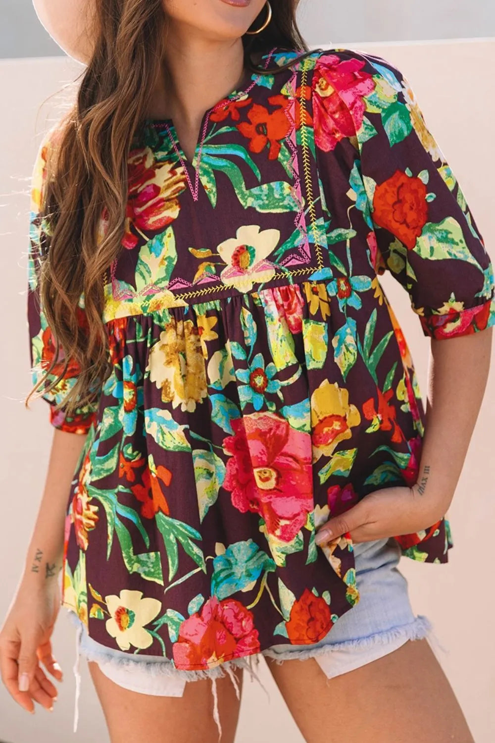 Flower Embroidered Trim Half Sleeve Blouse - Velora