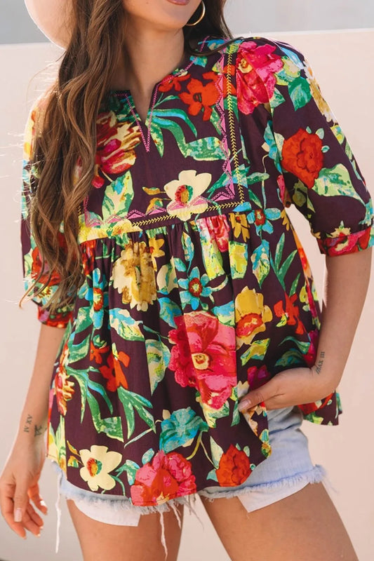 Flower Embroidered Trim Half Sleeve Blouse - Velora