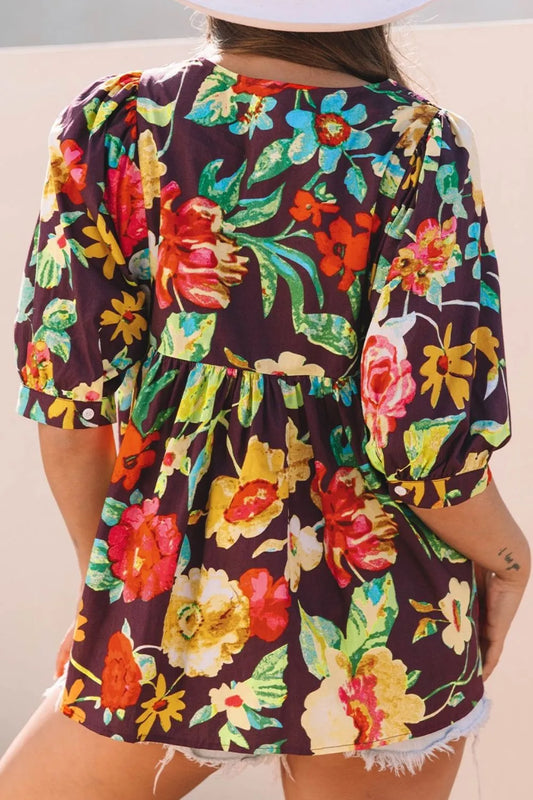 Flower Embroidered Trim Half Sleeve Blouse - Velora
