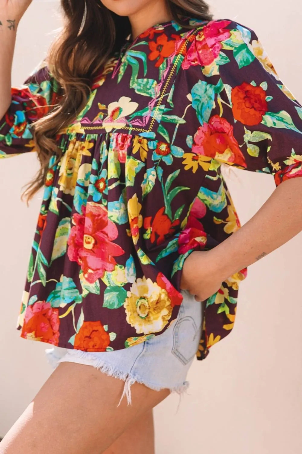 Flower Embroidered Trim Half Sleeve Blouse - Velora