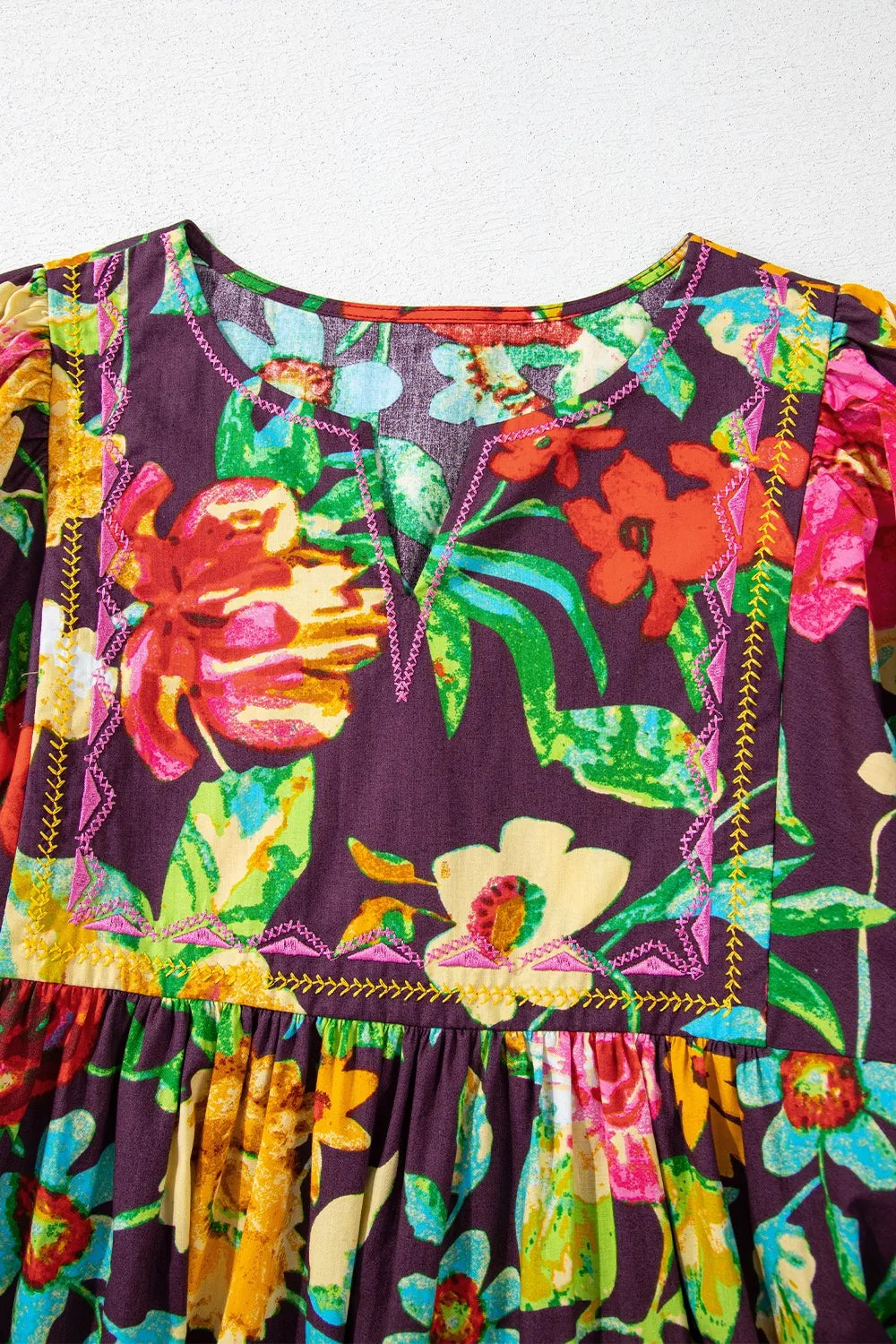 Flower Embroidered Trim Half Sleeve Blouse - Velora