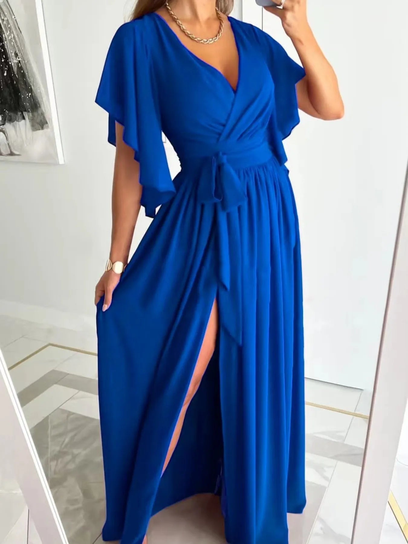 Flutter Sleeve Surplice Tie Waist Dress - Velora
