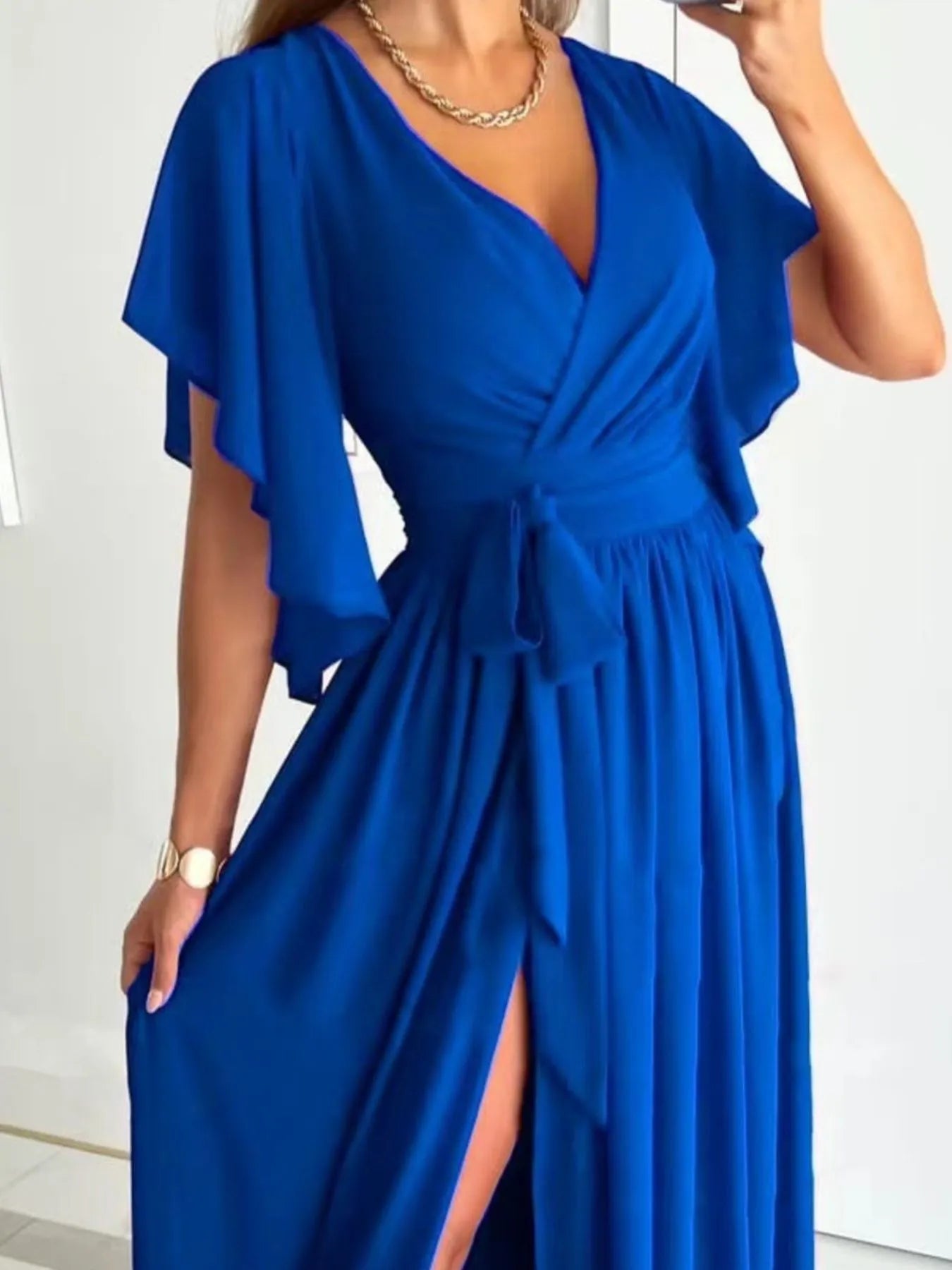 Flutter Sleeve Surplice Tie Waist Dress - Velora