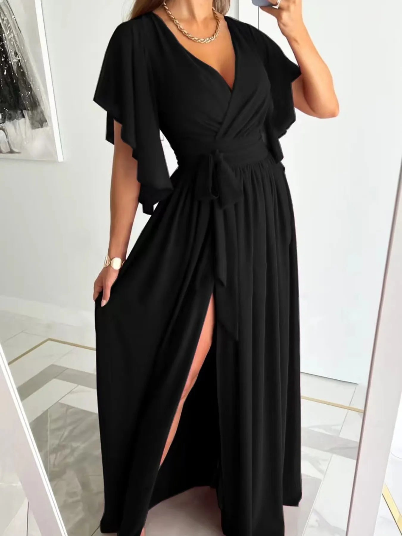 Flutter Sleeve Surplice Tie Waist Dress - Velora