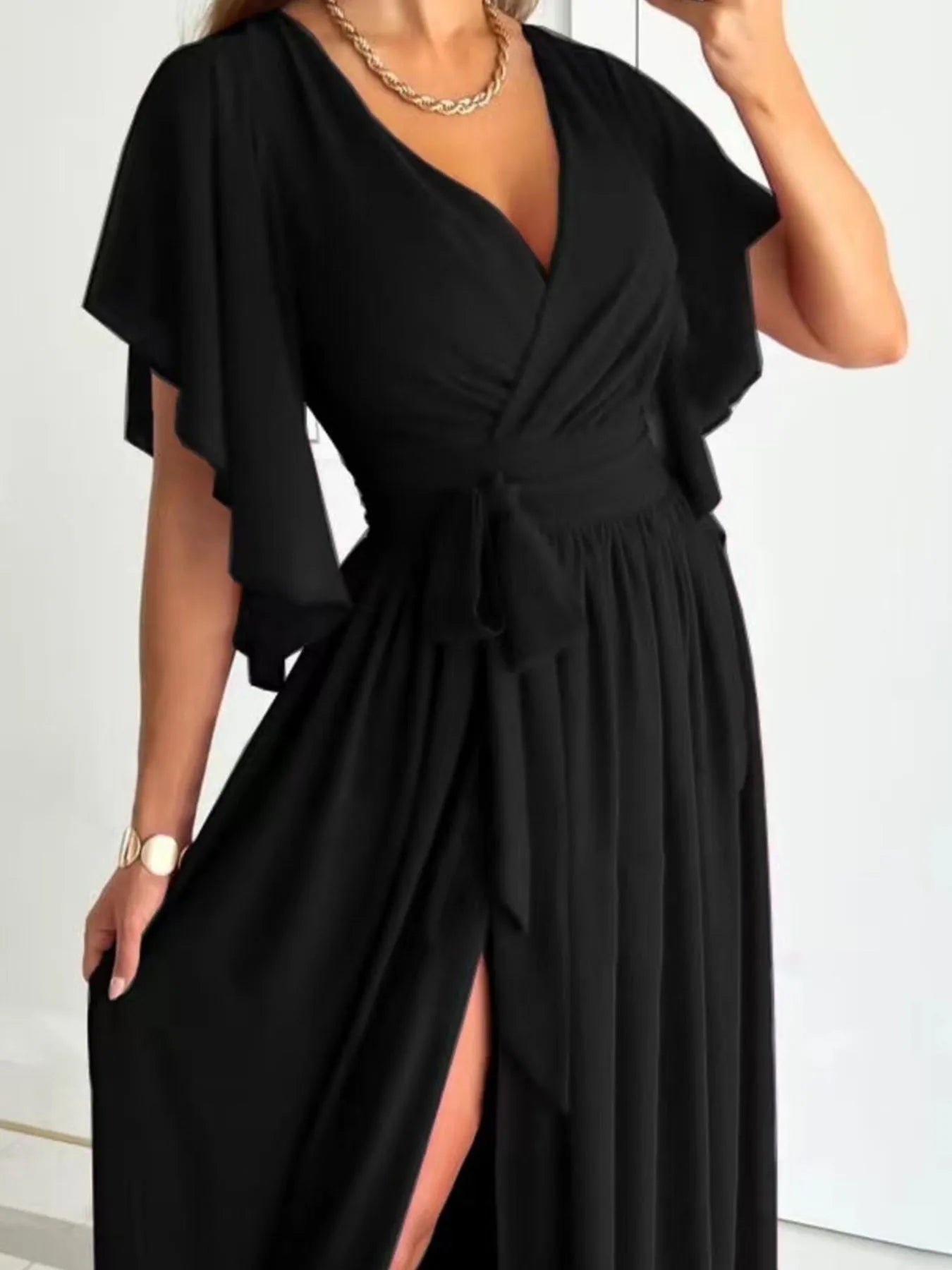 Flutter Sleeve Surplice Tie Waist Dress - Velora