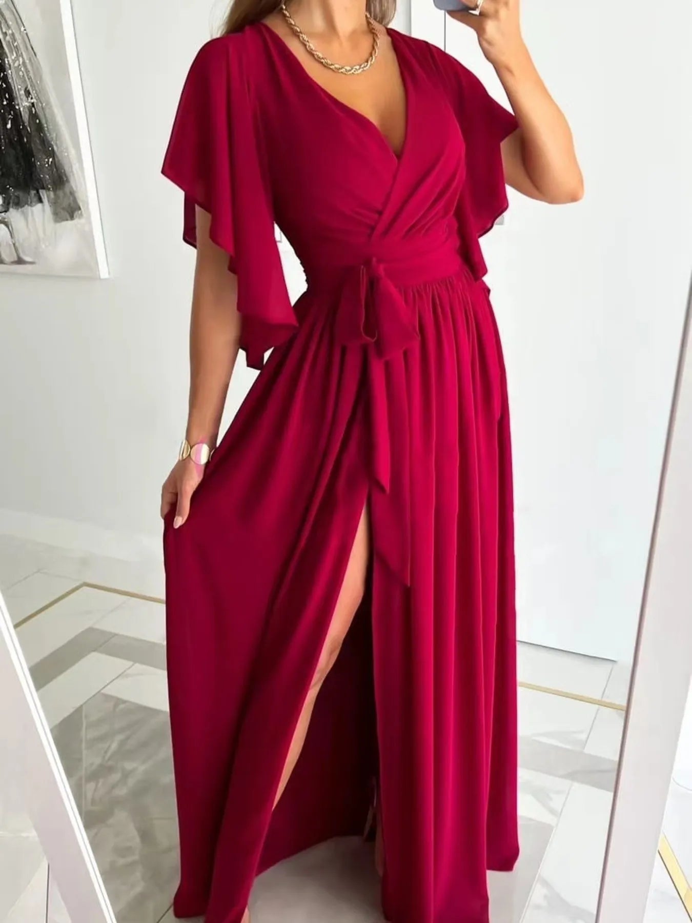 Flutter Sleeve Surplice Tie Waist Dress - Velora