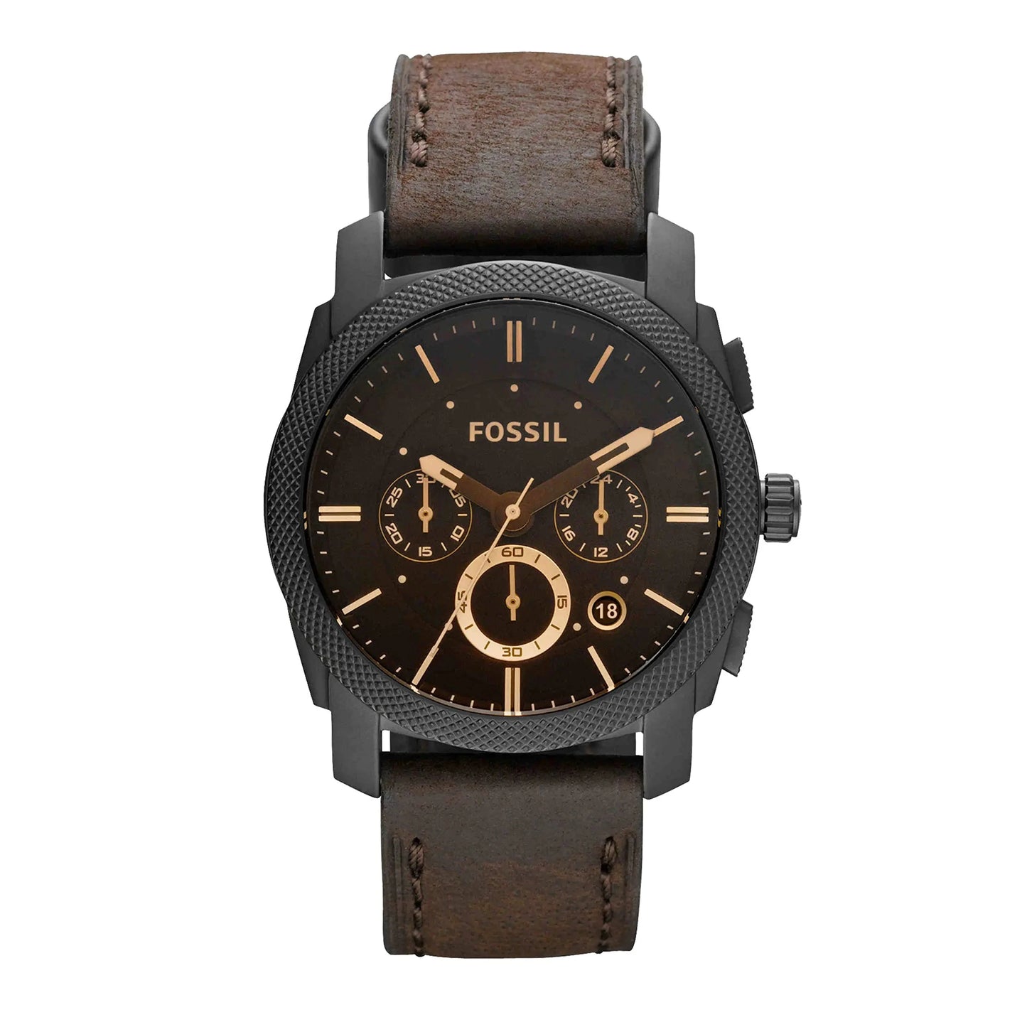 Fossil Mens Machine Quartz Stainless Steel and Leather Chronograph Watch Color: Black Dark Brown (Model: FS4656) - Velora Luxury Fashion