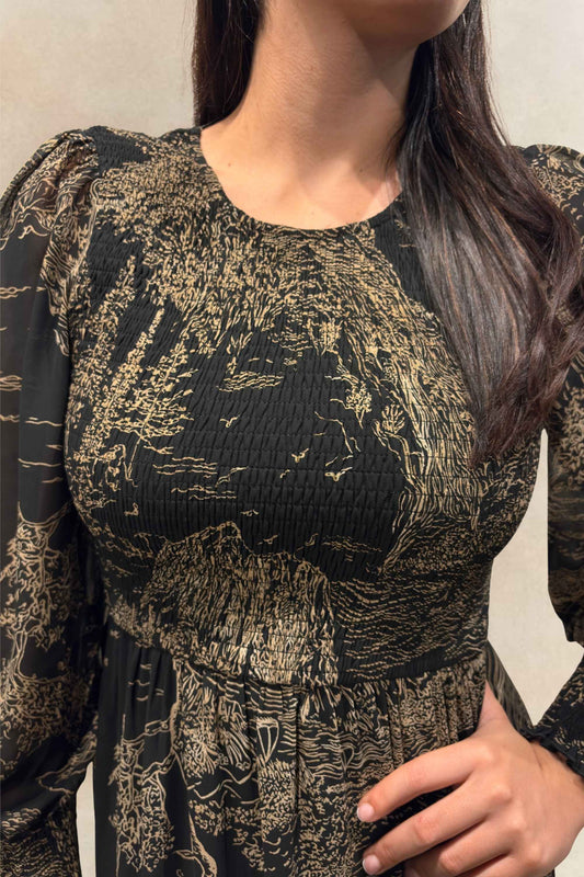 Francesca Women's Smocked Black Midi Dress Bronze Forest Print - Velora Luxury Fashion