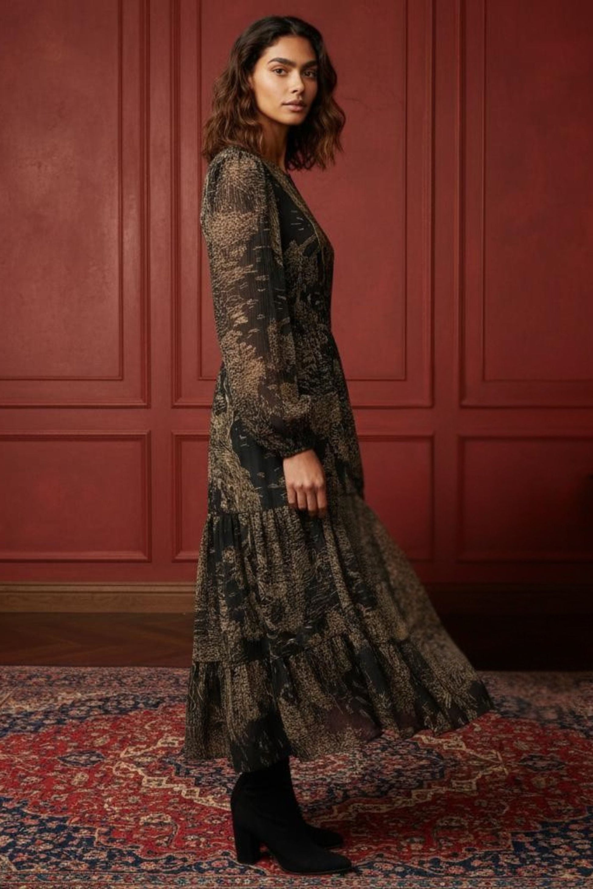 Francesca Women's Smocked Black Midi Dress Bronze Forest Print - Velora Luxury Fashion