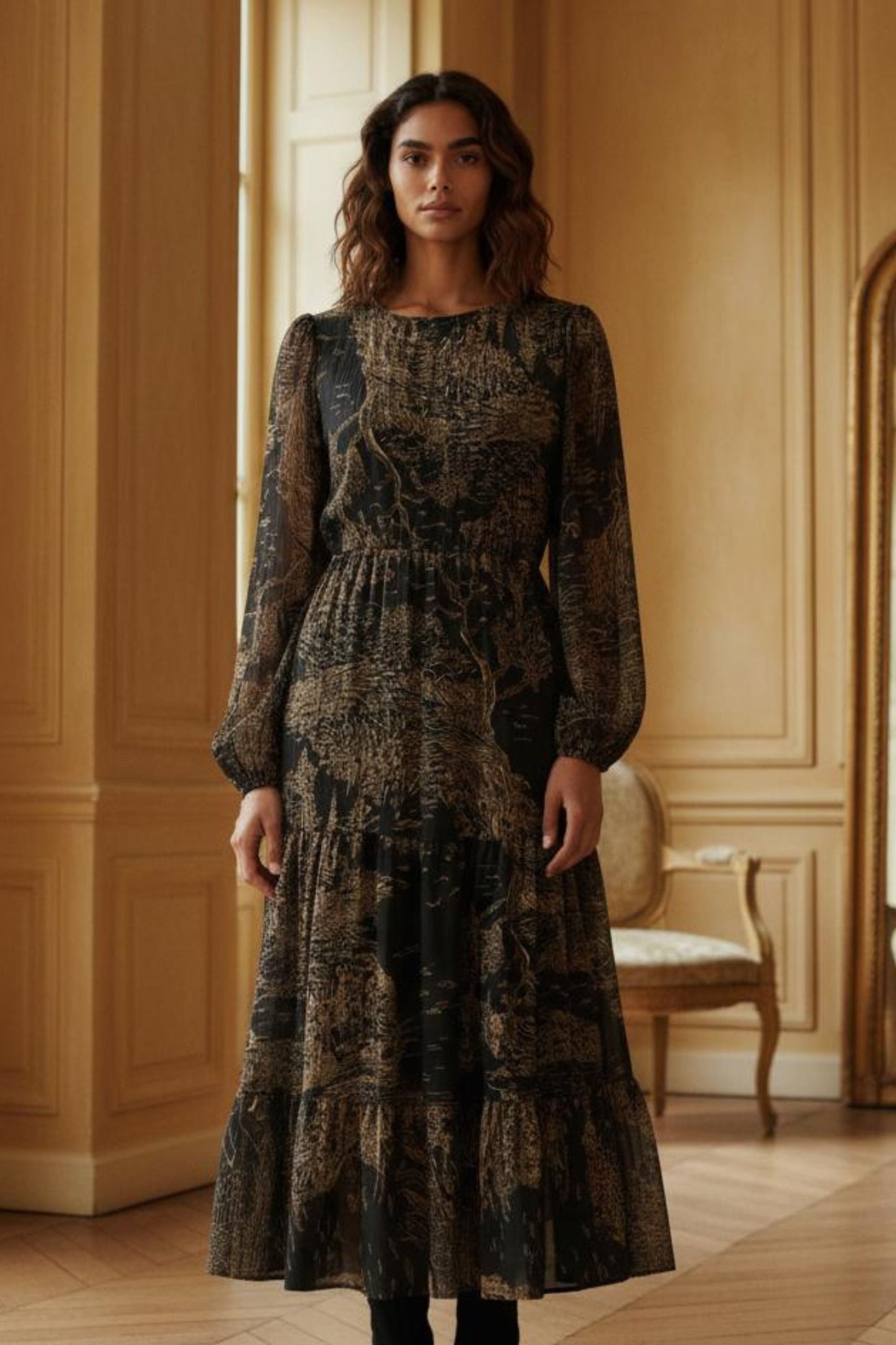 Francesca Women's Smocked Black Midi Dress Bronze Forest Print - Velora Luxury Fashion