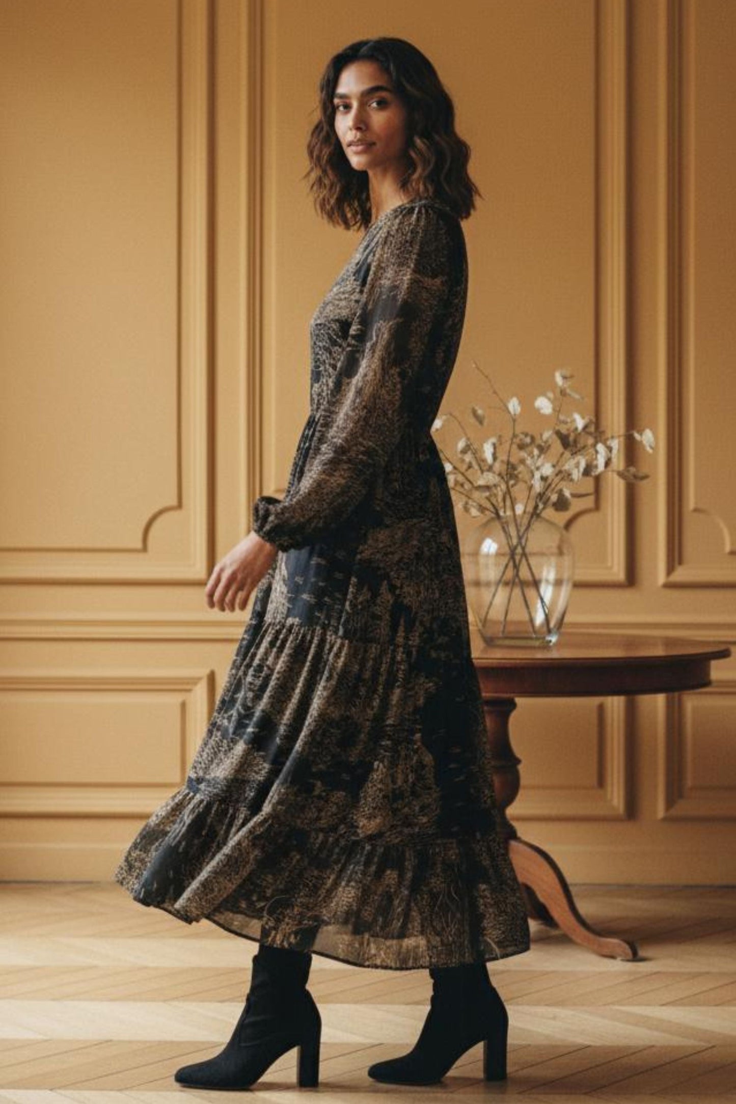 Francesca Women's Smocked Black Midi Dress Bronze Forest Print - Velora Luxury Fashion