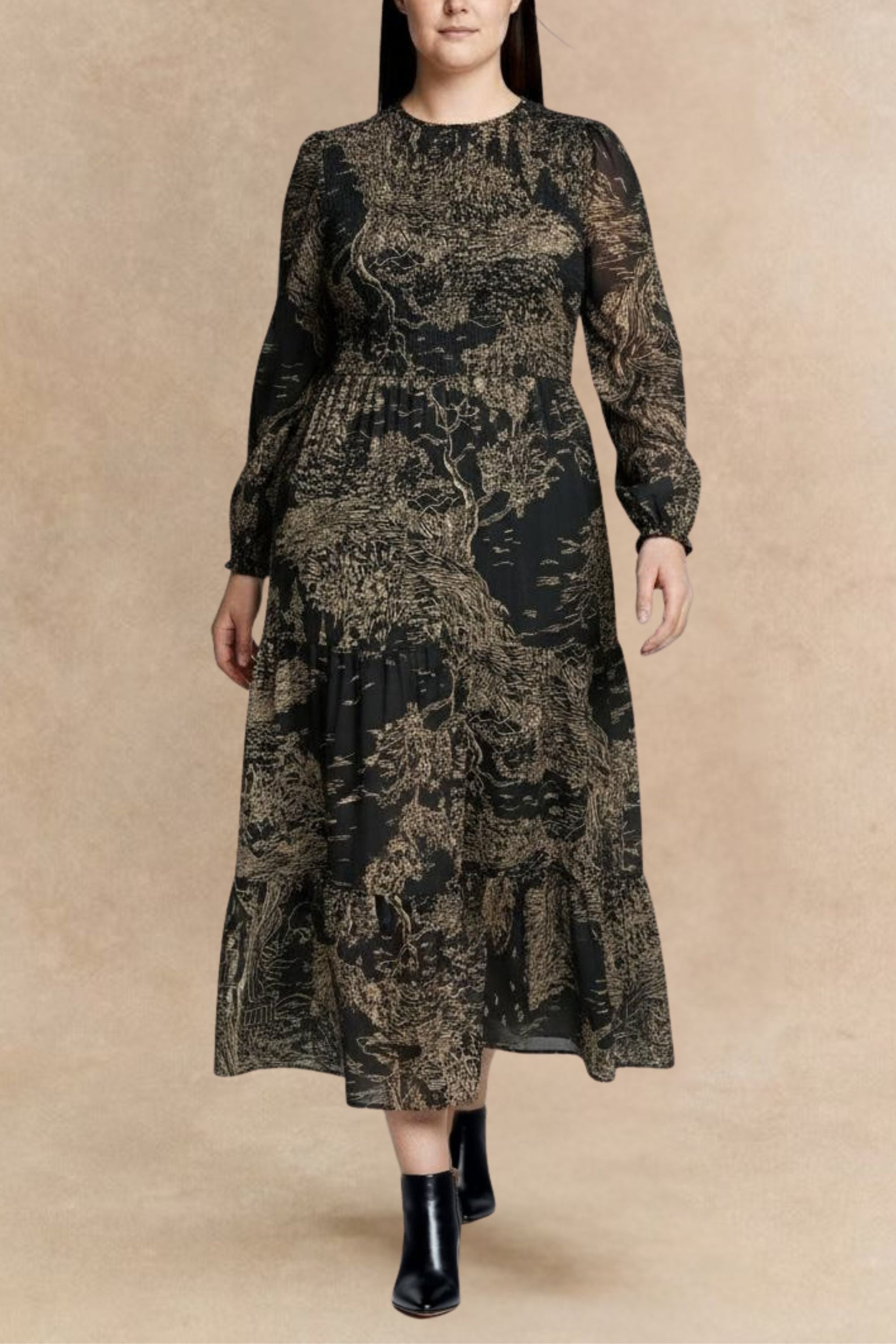 Francesca Women's Smocked Black Midi Dress Bronze Forest Print - Velora Luxury Fashion