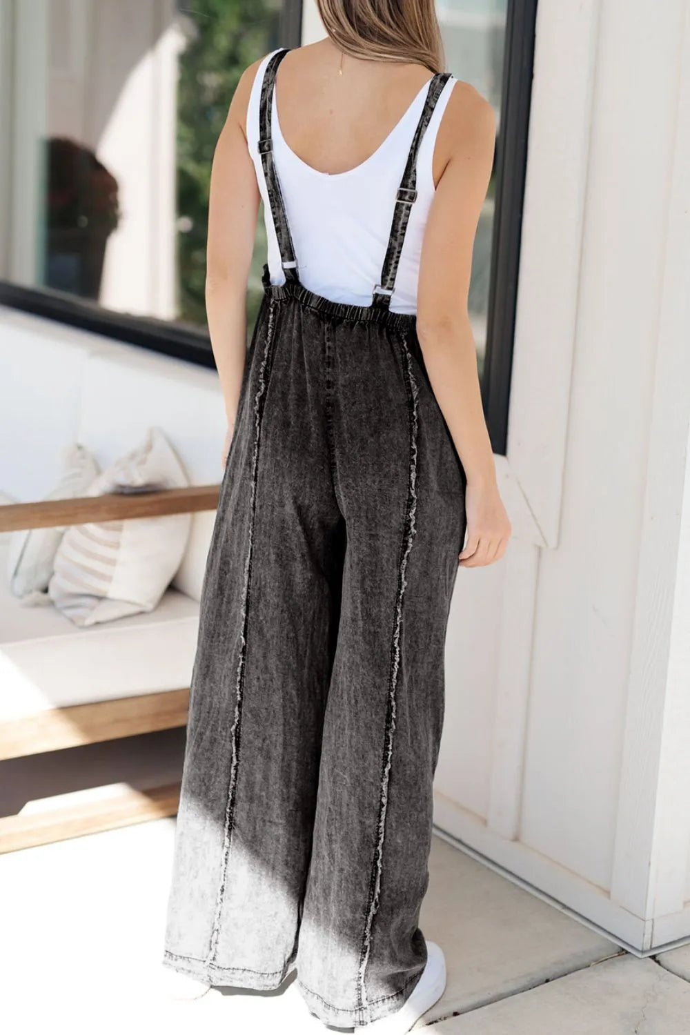 Frayed Exposed Seam Wide Leg Denim Overalls - Velora Luxury Fashion