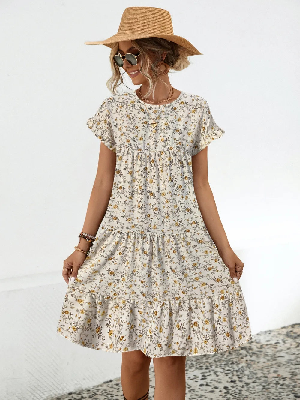 Frill Floral Round Neck Short Sleeve Tiered Dress - Velora