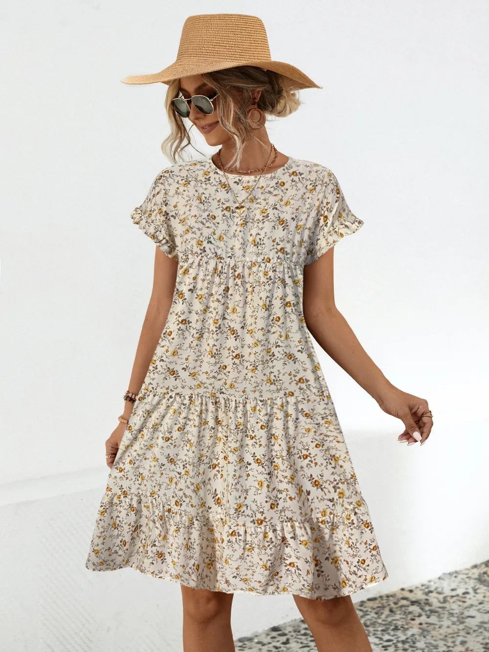 Frill Floral Round Neck Short Sleeve Tiered Dress - Velora
